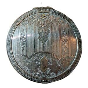 Vintage 2.25” Silverplate Powder Compact With Mirror and Chain Ring